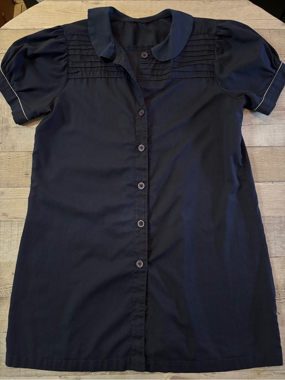 Navy Button-Front Short Sleeve Blouse with Peter Pan Collar